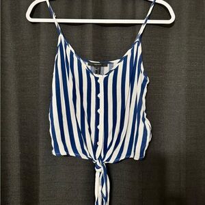 Blue and White Tie Front Crop Camisole